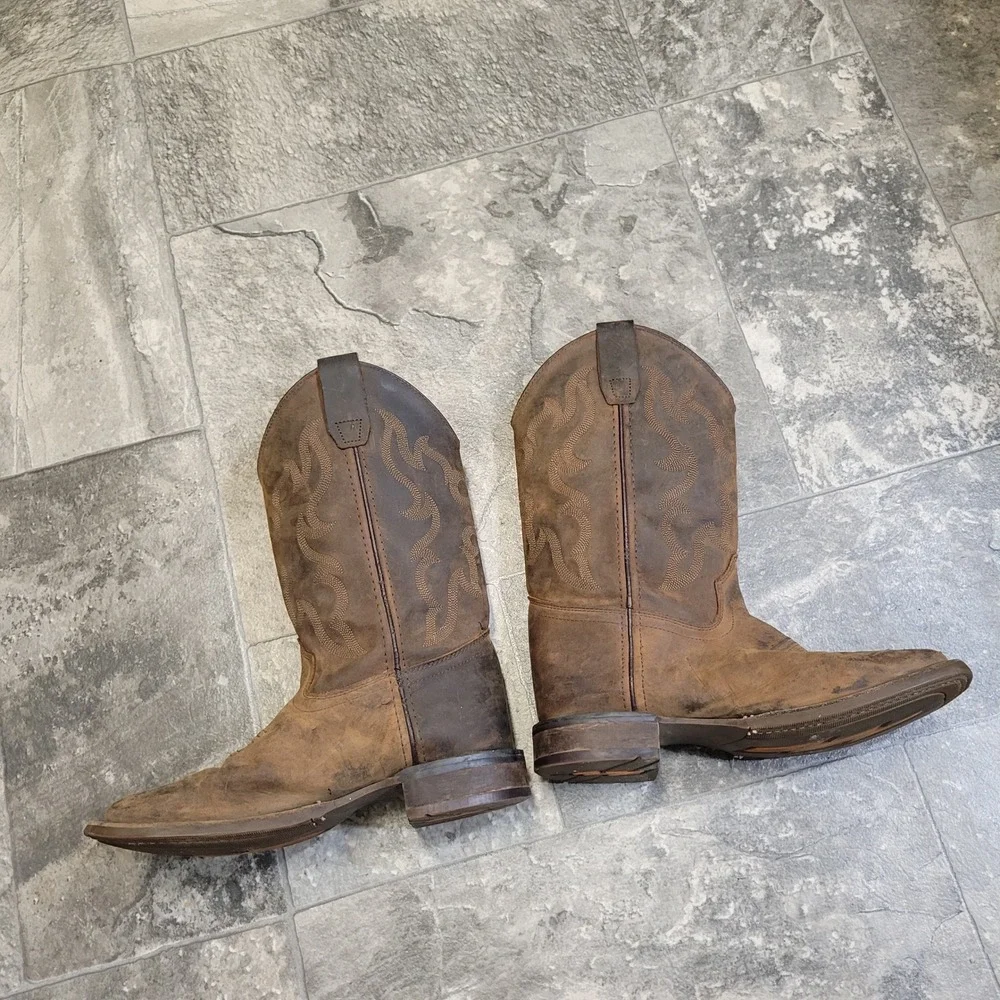 Western Cowboy Boots Brown Oiled Leather‎ Distressed Square Toe Kids 4D